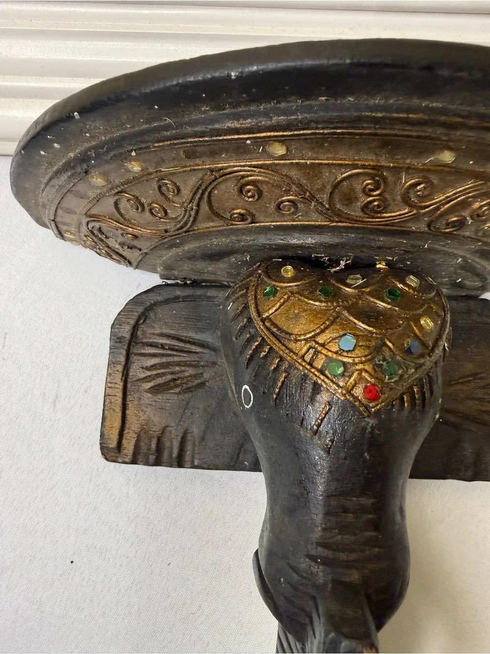Vintage Carved Elephant Shelf with Embellishments